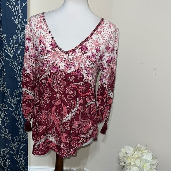 NEW Hollister Boho Peasant Criss-Cross Back Paisley Print Fringe Detail Top sz S - Picture 1 of 8